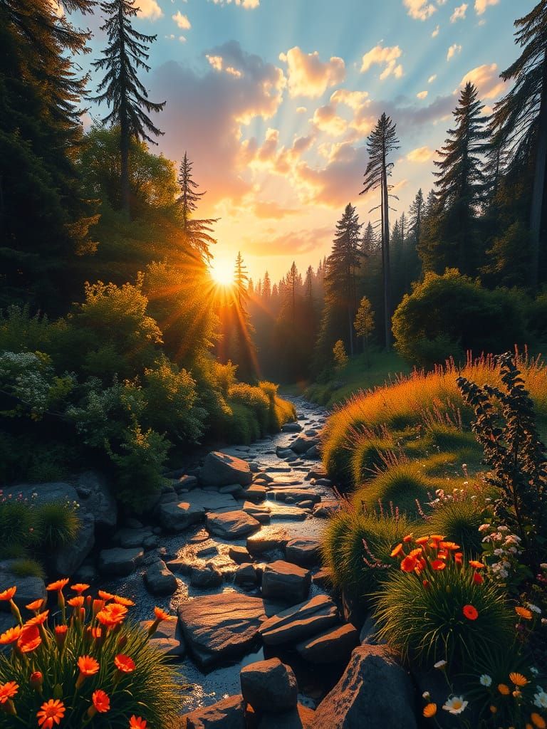 Serene Forest Sunset in Epic Fantasy Style