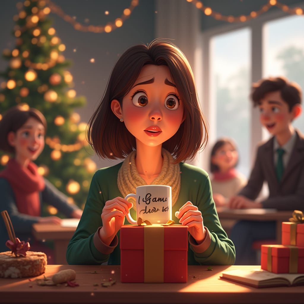 Pixar Style Comic Illustration: Woman's Disappointed Gift Re...