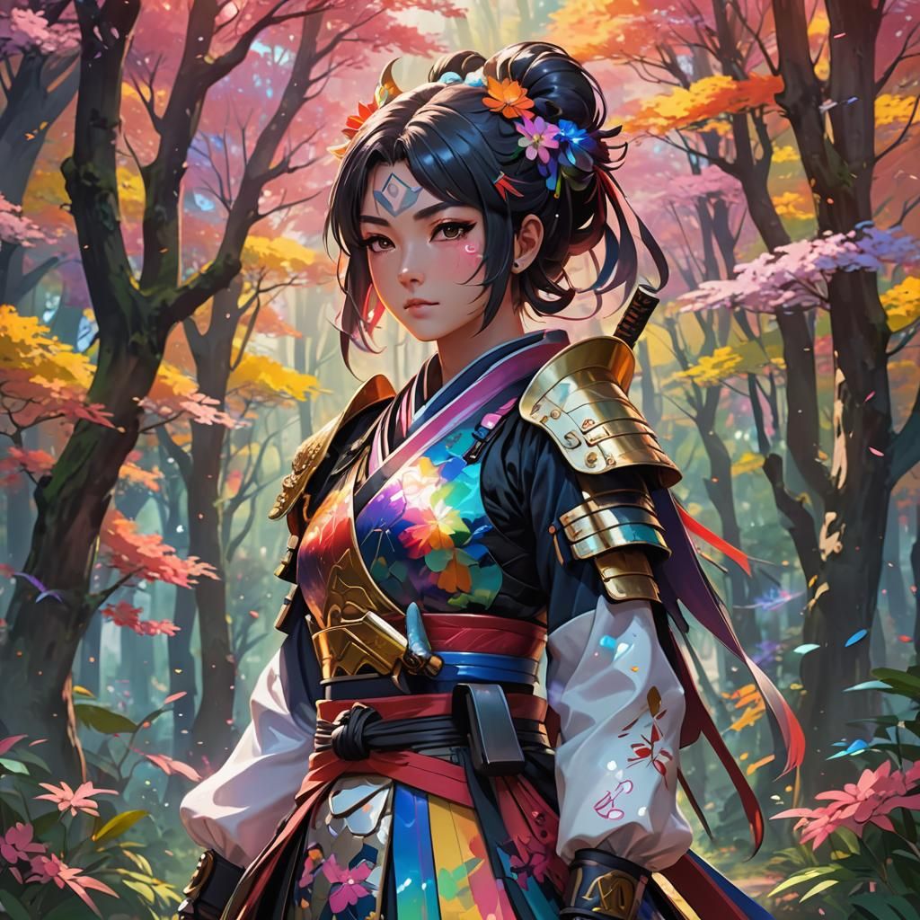 Anime Samurai Girl in Rainbow Forest