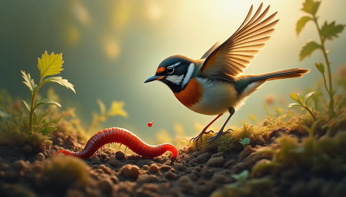 Robin Hunting Worm in Surreal Mixed Media Painting