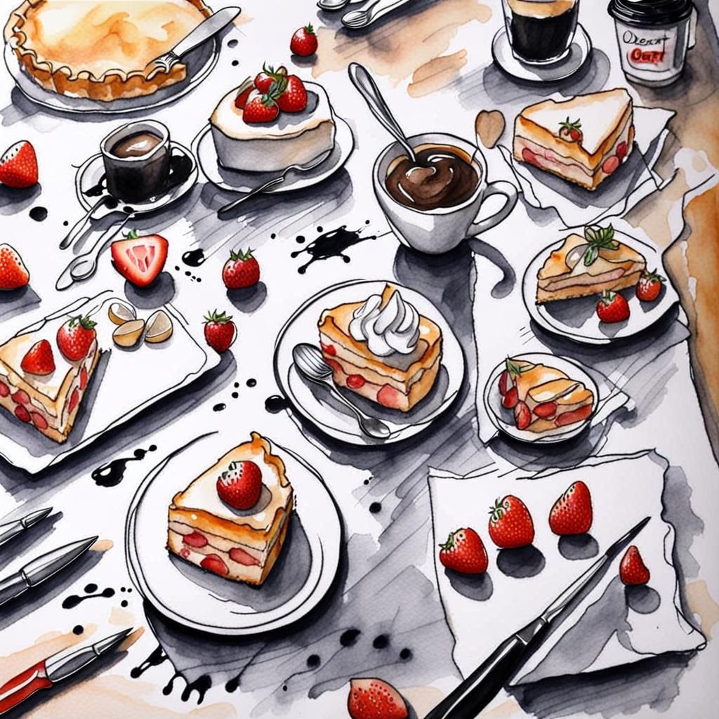 Watercolor Still Life of Strawberry Cake and Latte