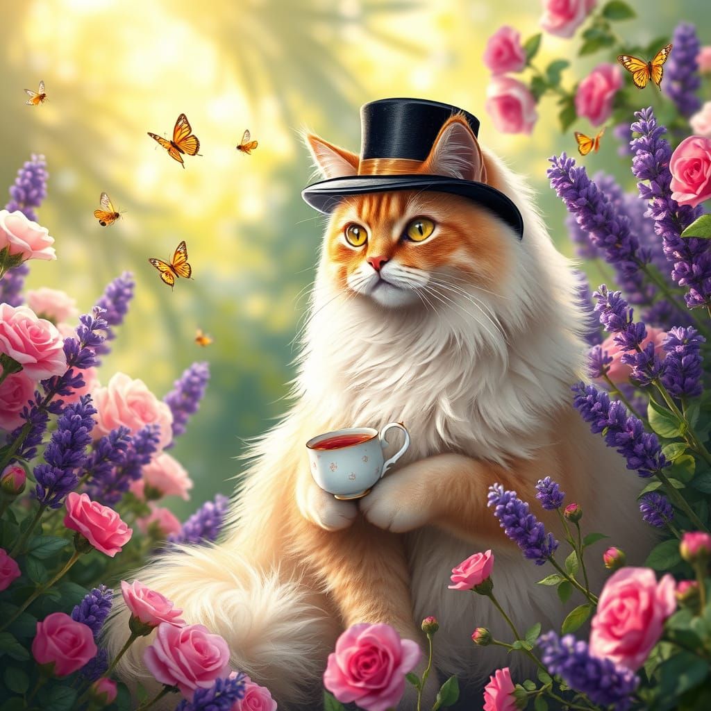 Elegant Persian Cat Sips Tea in Whimsical English Garden