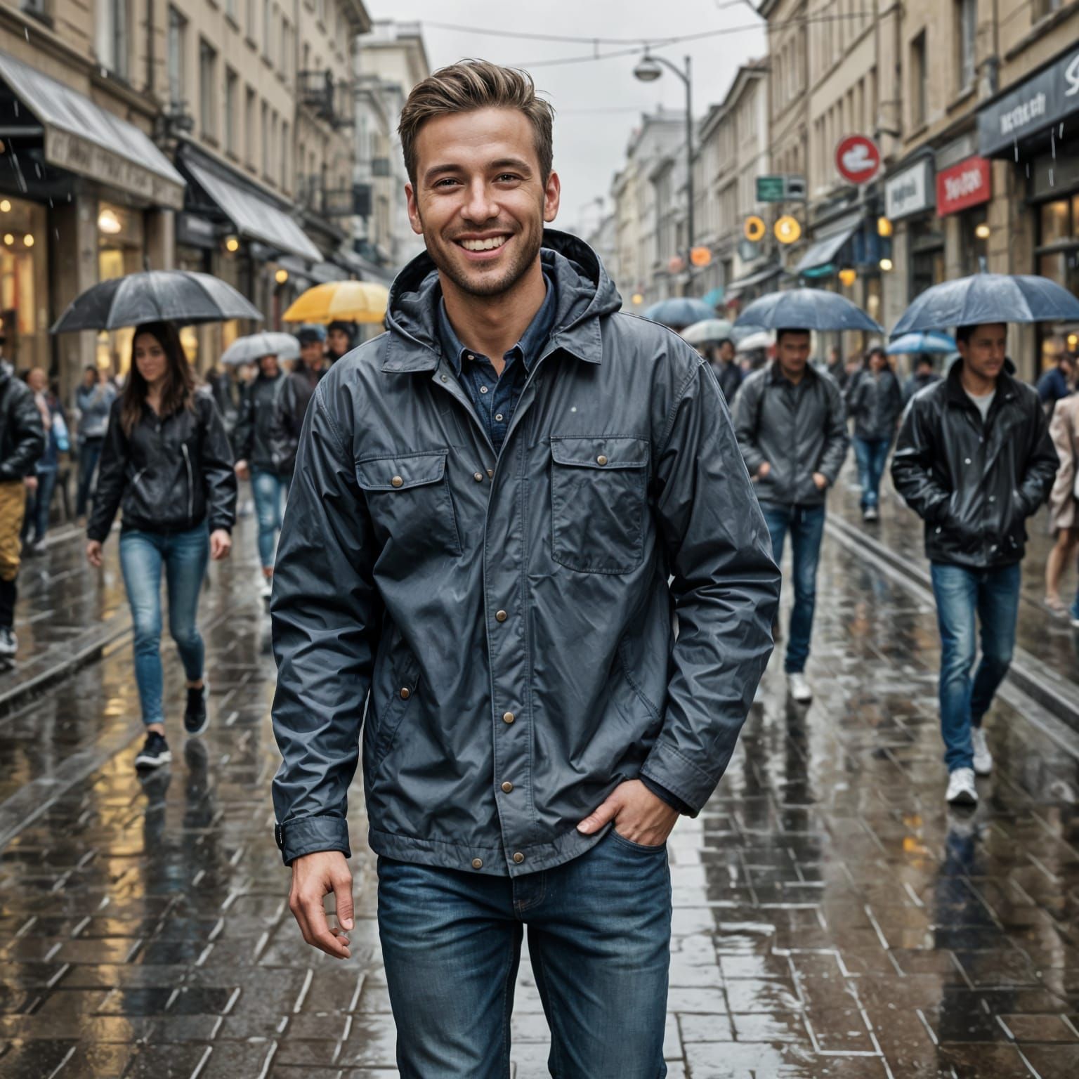 Ultra-Realistic Portrait of Smiling Man in Rain