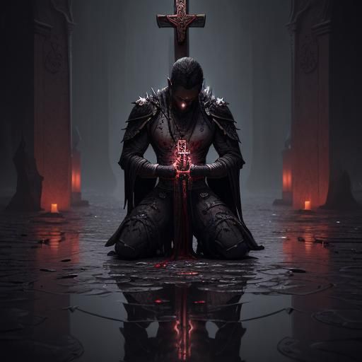 Dark Figure Praying in Blood: Detailed Matte Painting
