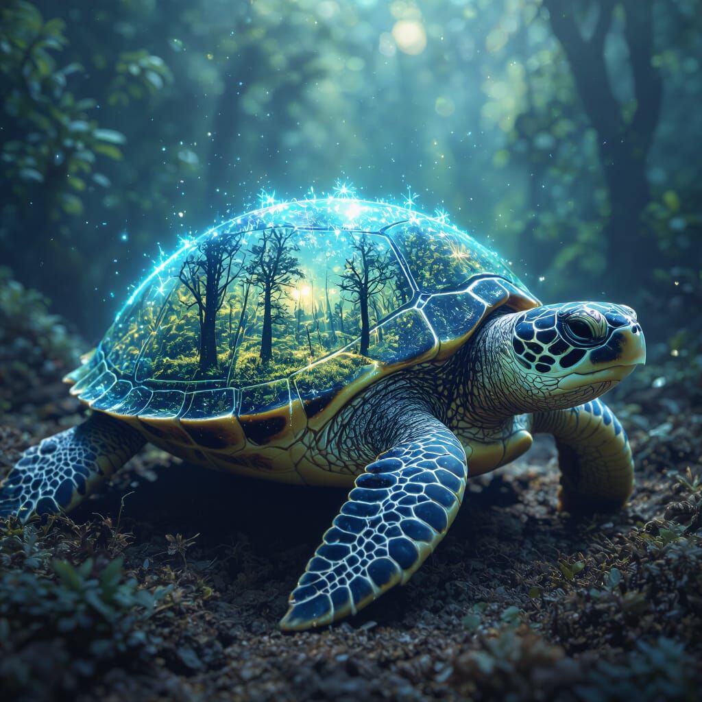 Bioluminescent Sea Turtle Double Exposure Portrait