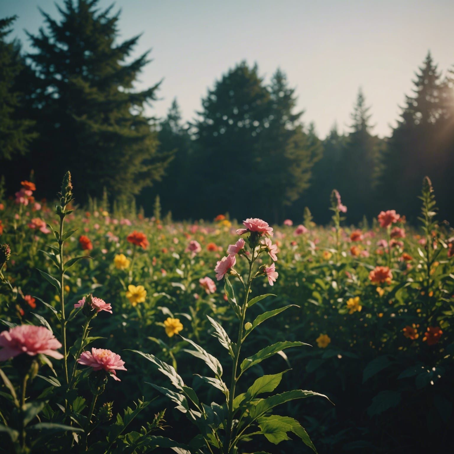 Flowers in Cinematic Film Still with Film Grain