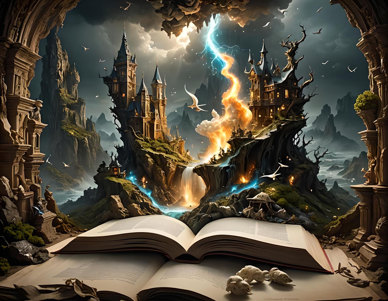 Fantasy World Exploding from Book, Digital Illustration