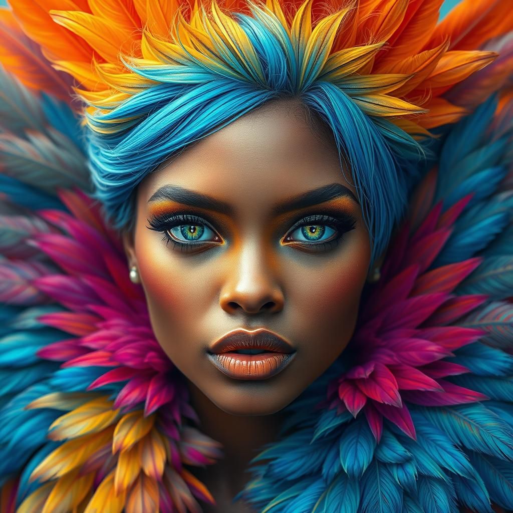 Metallic Rose Gold Woman with Colorful Feathers