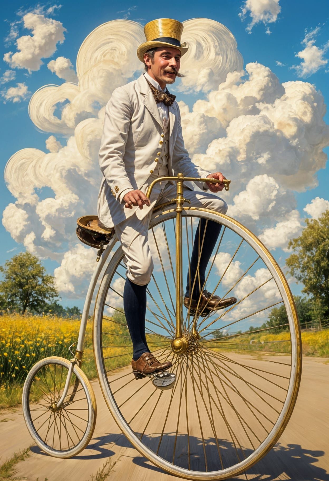 Victorian Dandy Rides a Penny Farthing, Oil Painting