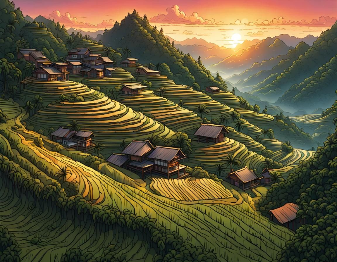 mountain rice terraces at sunset