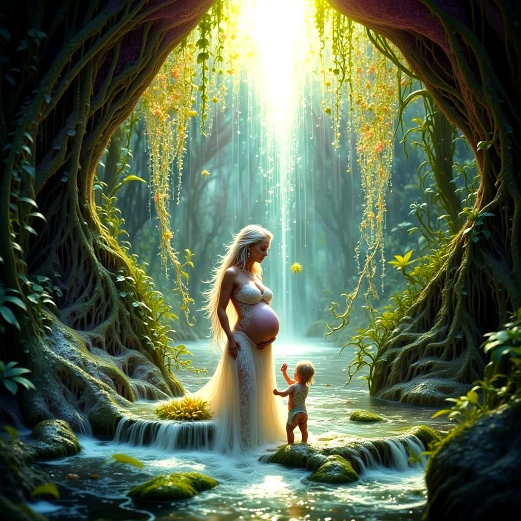 Joyful Pregnant Woman Washing Toddler in Fractal Waterfall