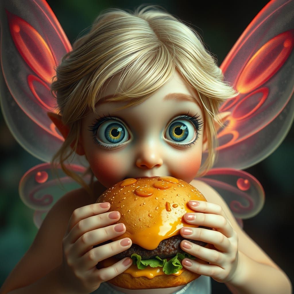 Hyperrealistic Fairy Surprised by Juicy Burger