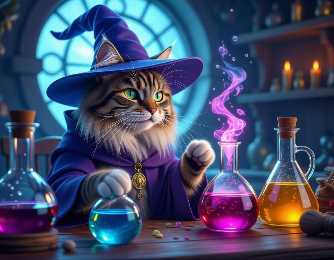 Cat Wizard Brewing Magic Potion, Hyperrealistic Splash Art