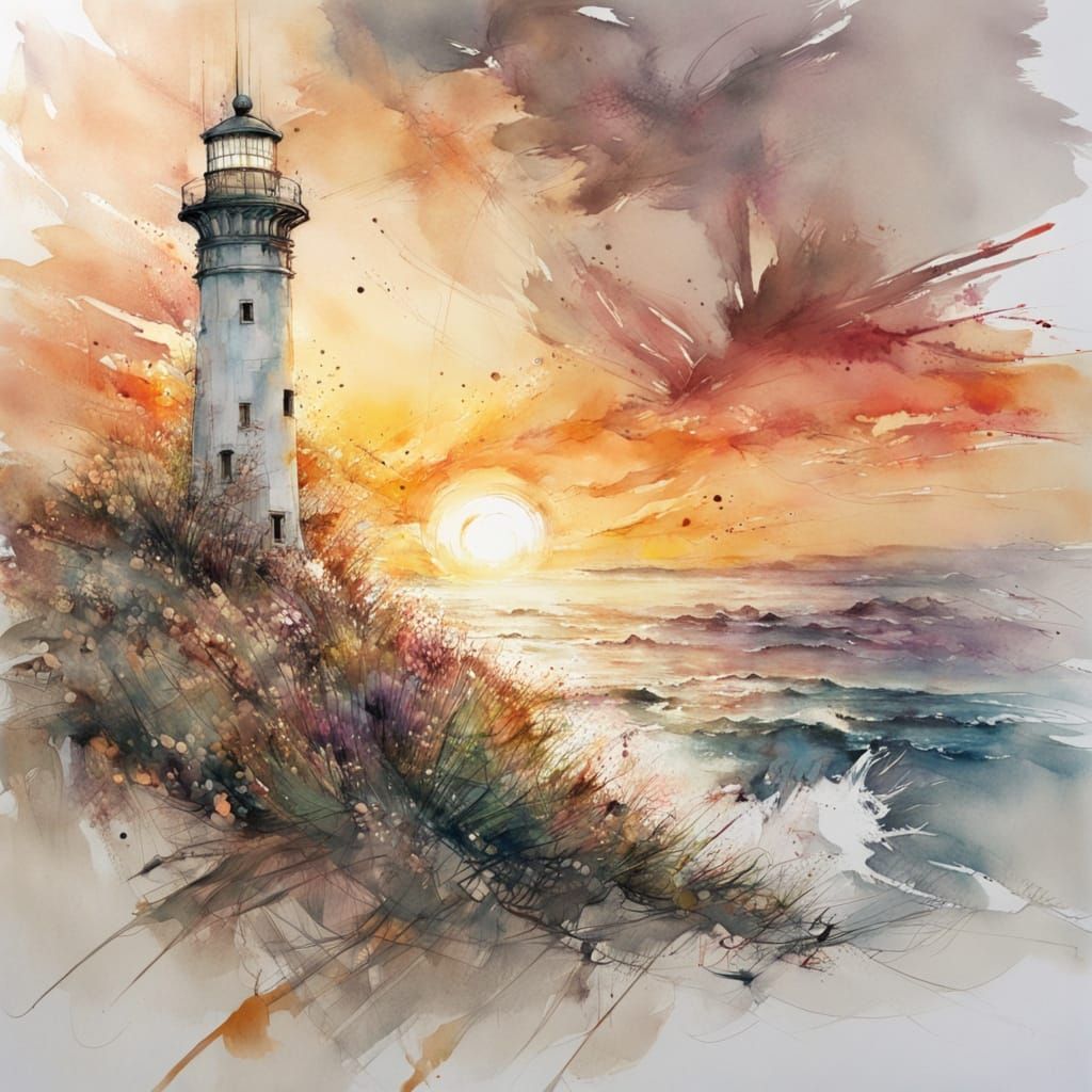 Remote Lighthouse Sunset in Stylized Watercolour