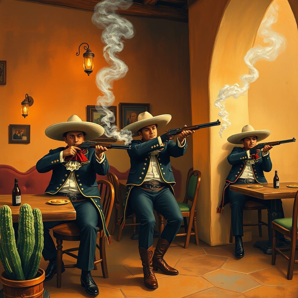 Drunk Vaqueros Fire Guns in Adobe Hacienda Cafe