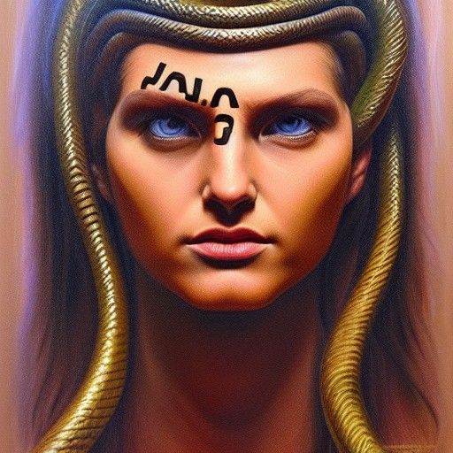 Realistic Medusa with Greek Key, Oil Painting Style
