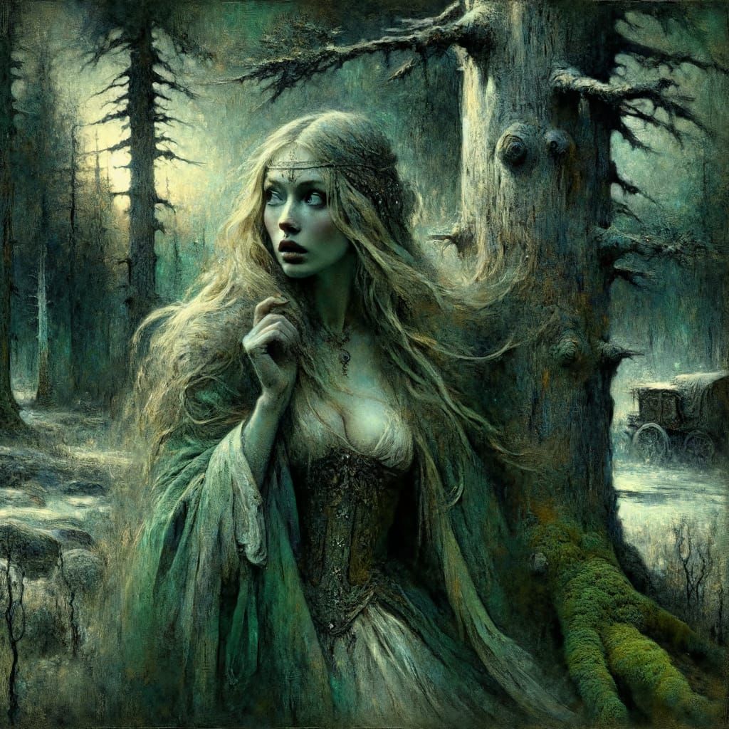 Norse Goddess in Shadowy Woods: Impressionistic Midnight Sce...