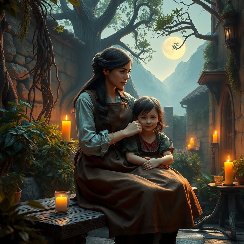 Medieval Landlady and Daughter in Enchanted Courtyard Scene