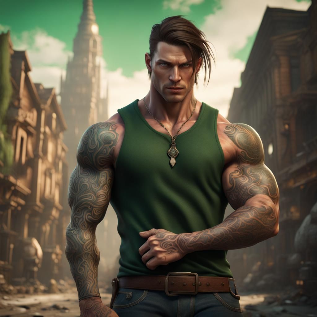 Fantasy Art of Green-Eyed Brunette Man