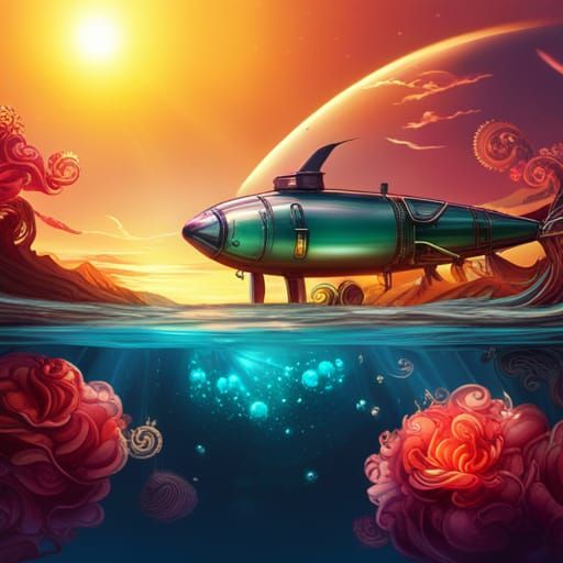 Illuminated Steampunk Submarine in Detailed Underwater Scene