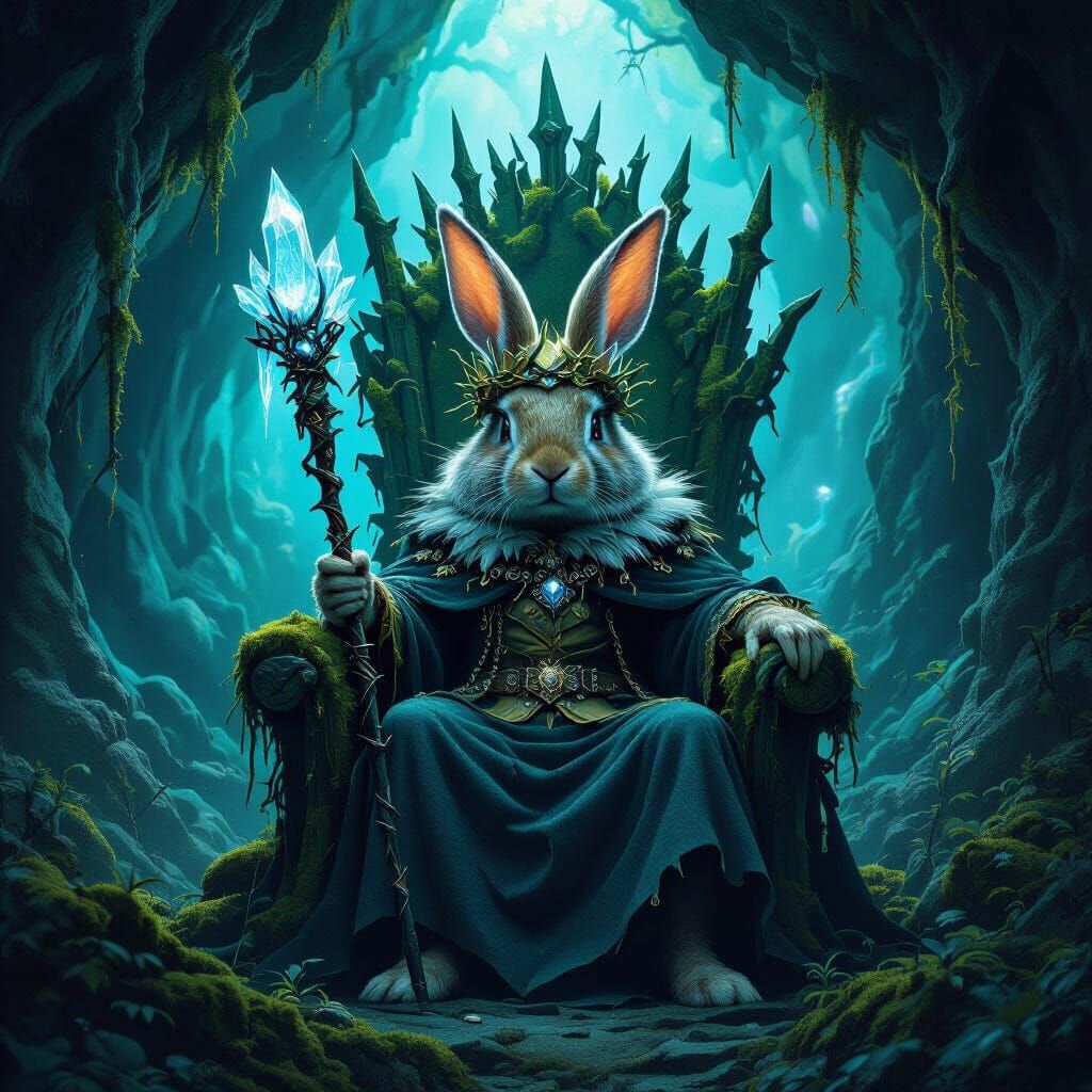 Rabbit King on Moss Throne in Bioluminescent Cavern