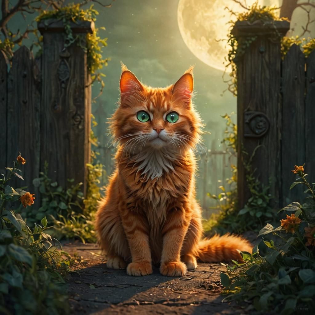 Orange Cat with Green Eyes in Dark Fantasy Style