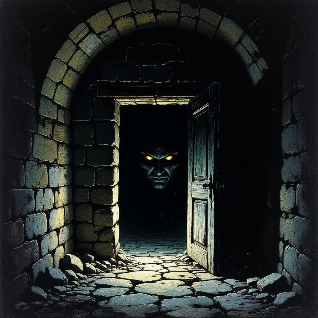 Menacing Face in Dimly Lit Dilapidated Basement