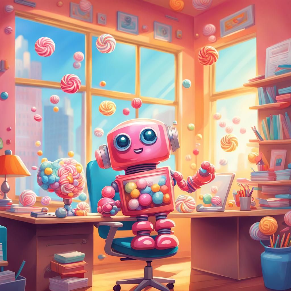 Happy Office Scene with Robot in Candy Art Style
