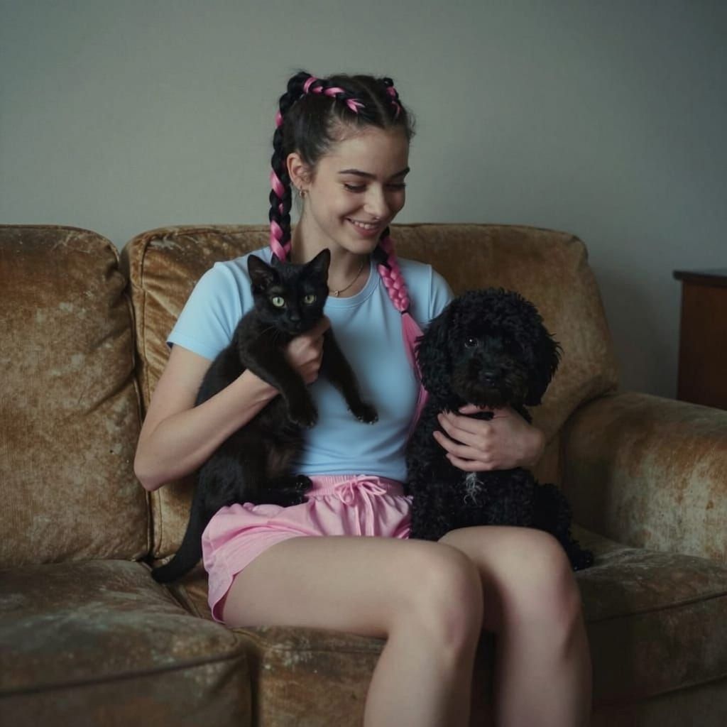 Punk Girl with Pets in Apartment Cinematic Film Still