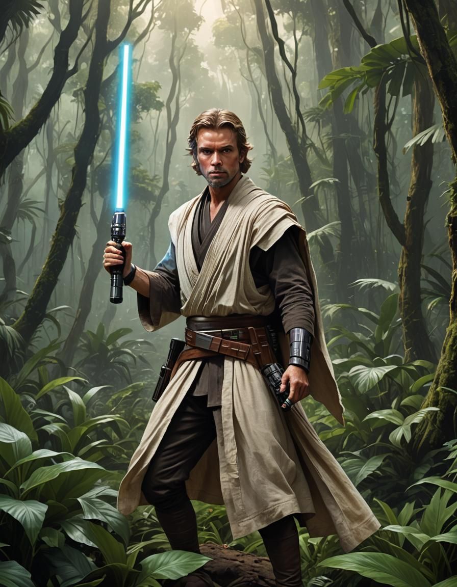 Jedi Warrior on Jungle Planet with Lightsaber