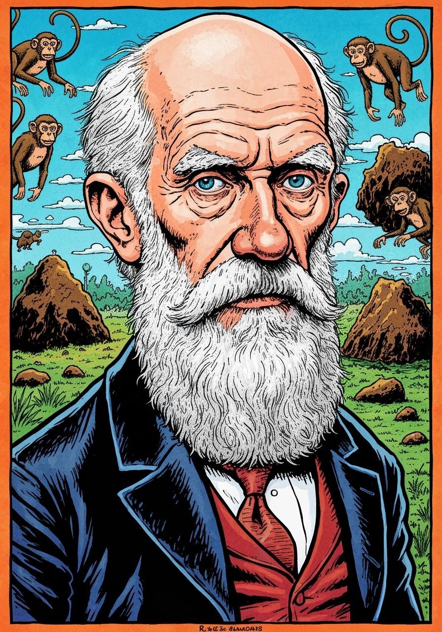 Expressive Caricature of Charles Darwin with Galapagos Monke...