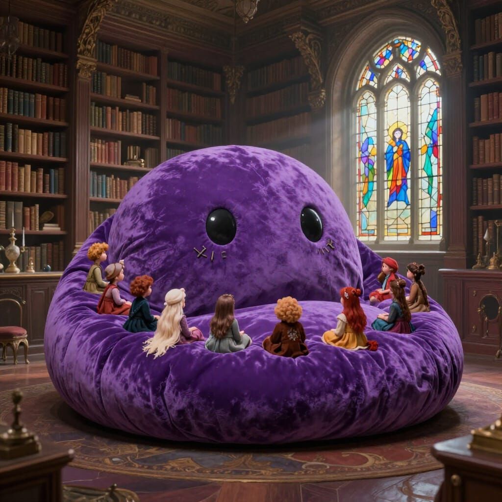 Colossal Purple Slime Plushie in Victorian Library