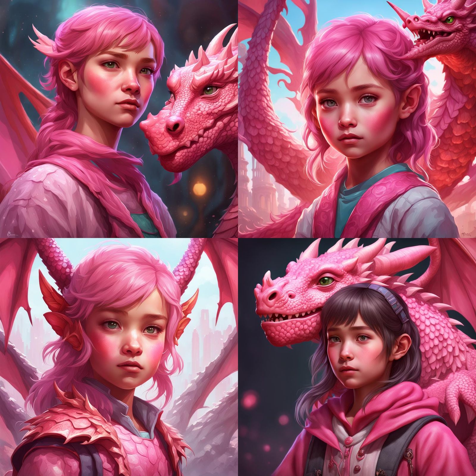 Girl with Cute Pink Dragon Portrait