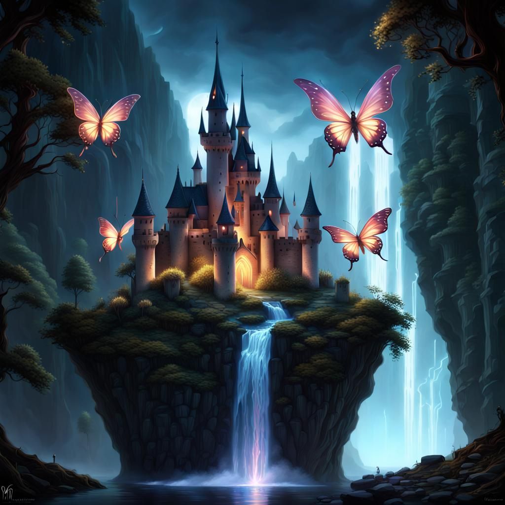 Magical Fairies with Castle and Waterfalls