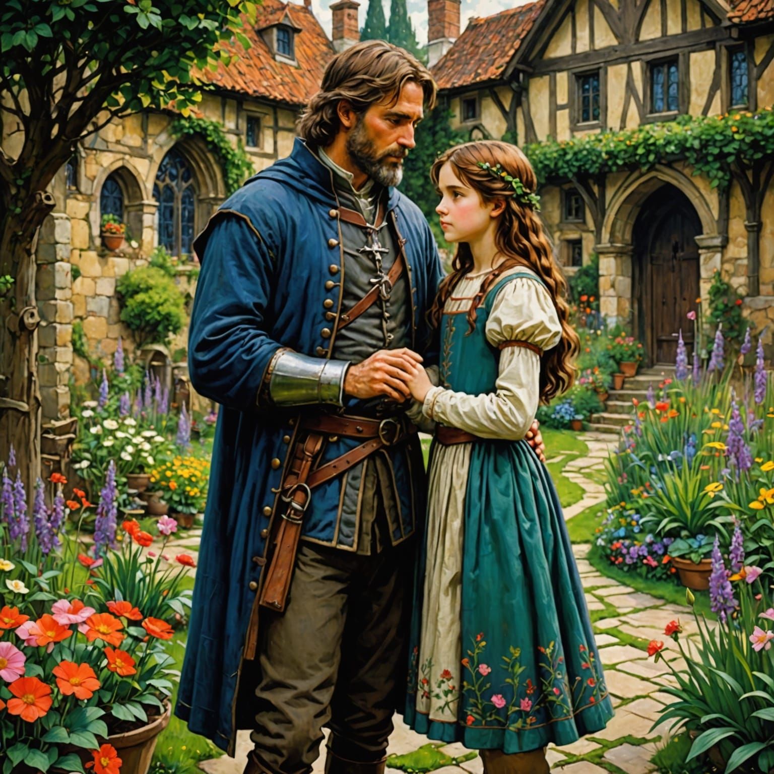 Father and Daughter in Whimsical Medieval Garden