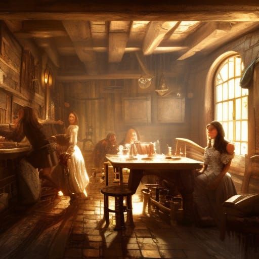 A somewhat large tapestry of a short, squat, shy tavern wench and a ring. It was done in a highly abstracted style.