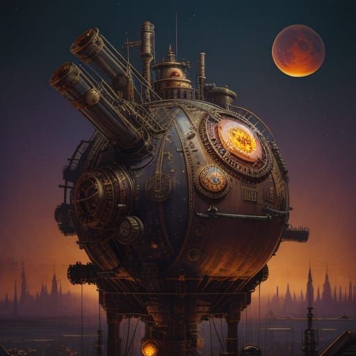 Steampunk Astronaut Soaring from Blood Moon