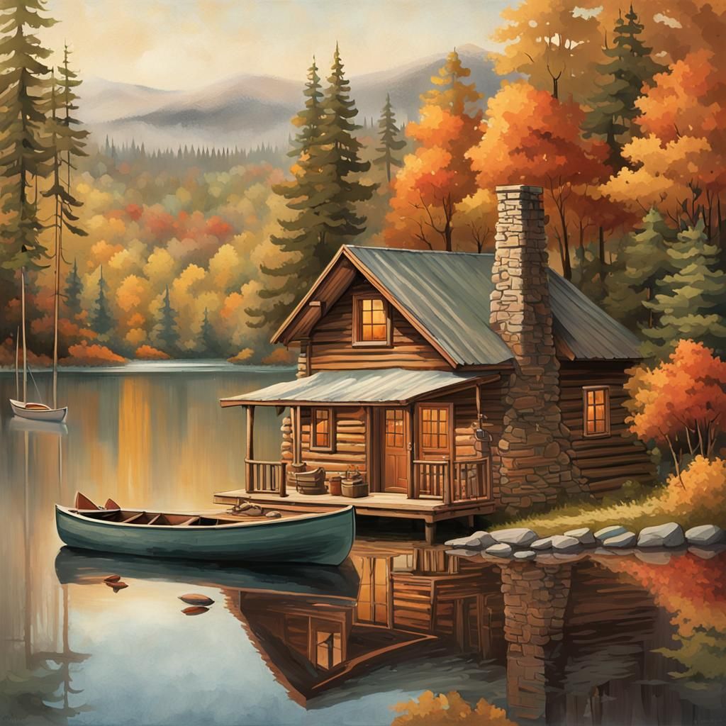 Autumn Cabin on Lake Shore in Rustic Style