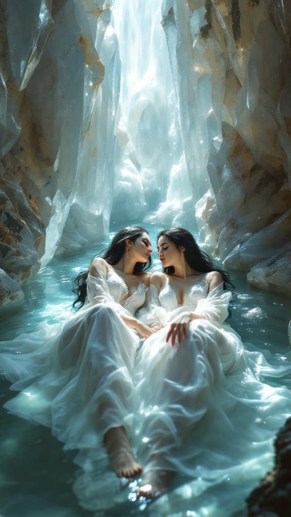 Two Women in Serene Crystal Cave, Flowing White Gowns, Shimm...