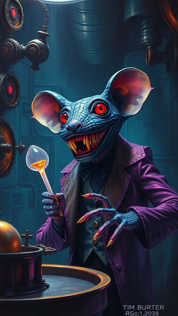 Burgundy Rat Specter in a Boiler Room Tim Burton contrasting...