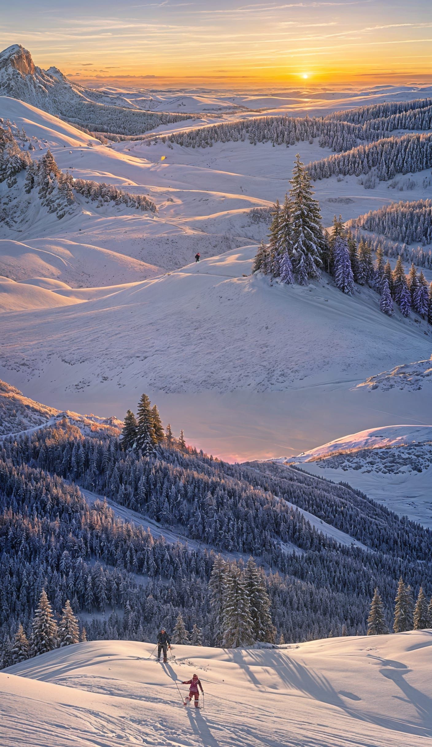 Young Adventurer Triumphs on Snowy Mountain Peak at Sunrise