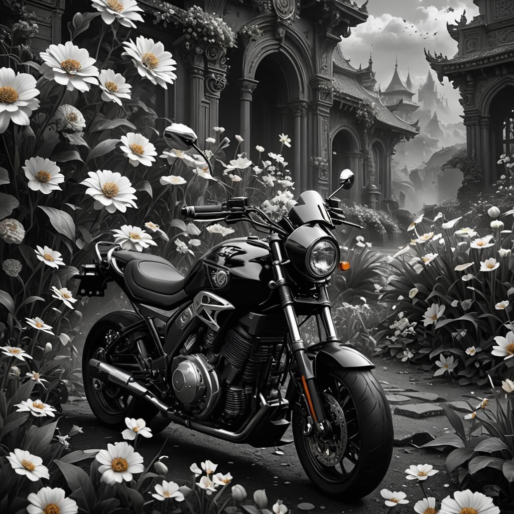 Monochrome Flowers and Motorbike: Detailed Matte Painting