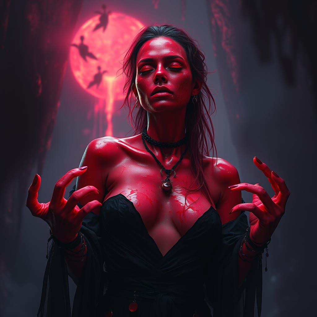 Eerie Red-Skinned Woman in Gothic Neon Style