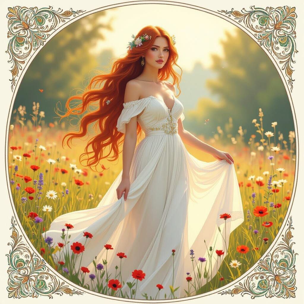 Auburn Haired Woman in Meadow, Art Nouveau Style