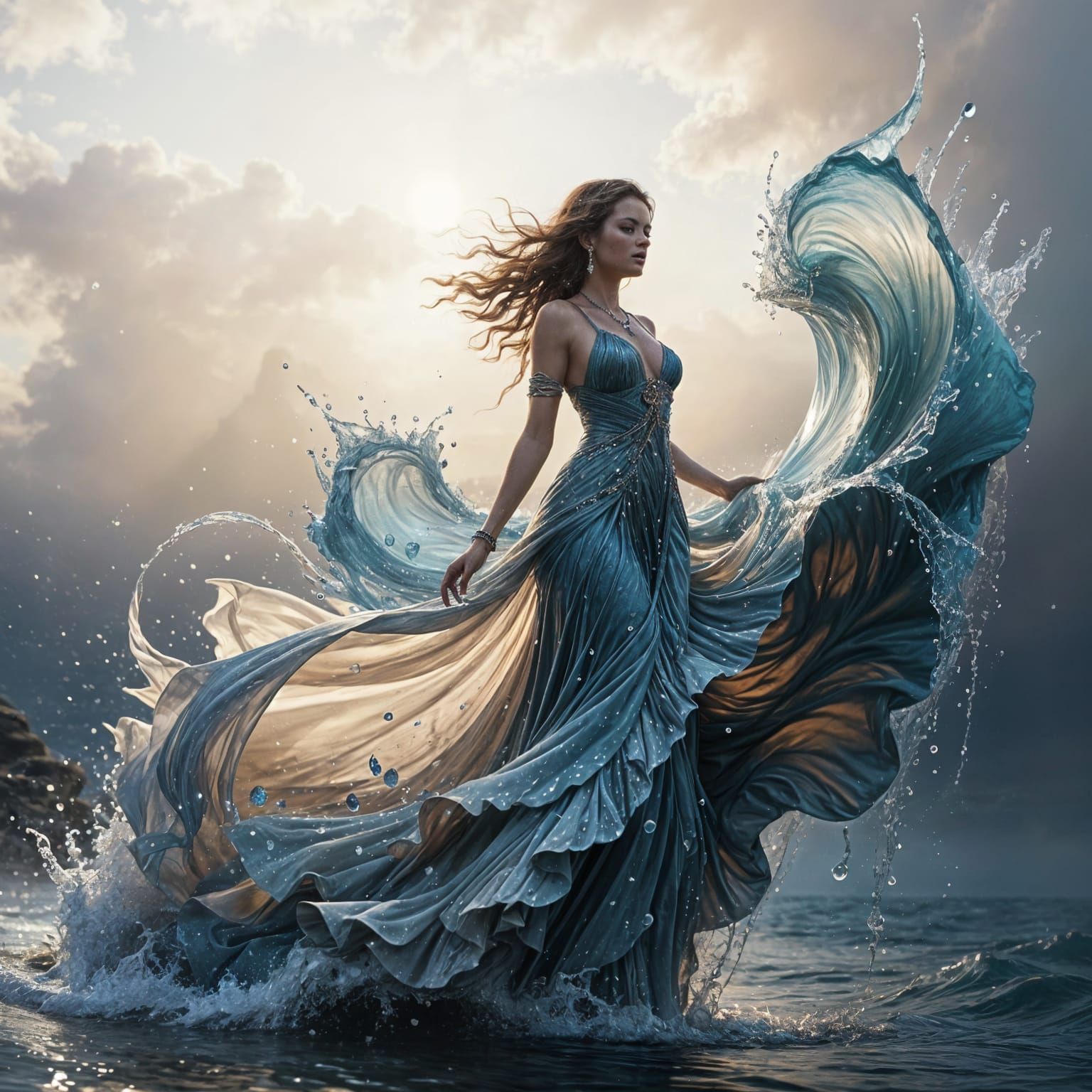 Bewitching Water Goddess Emerging from the Sea