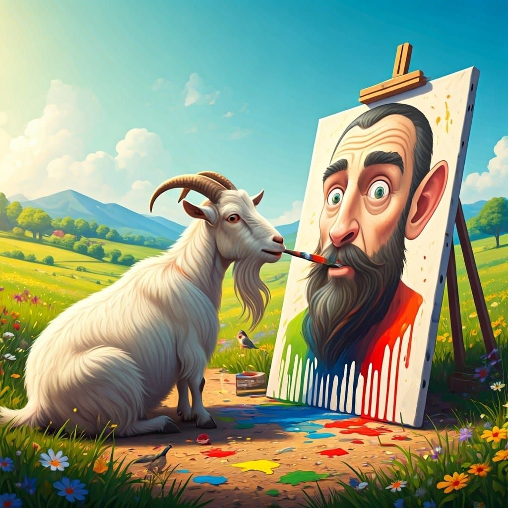 Goat Painter: Whimsical Portrait in Naivist Style