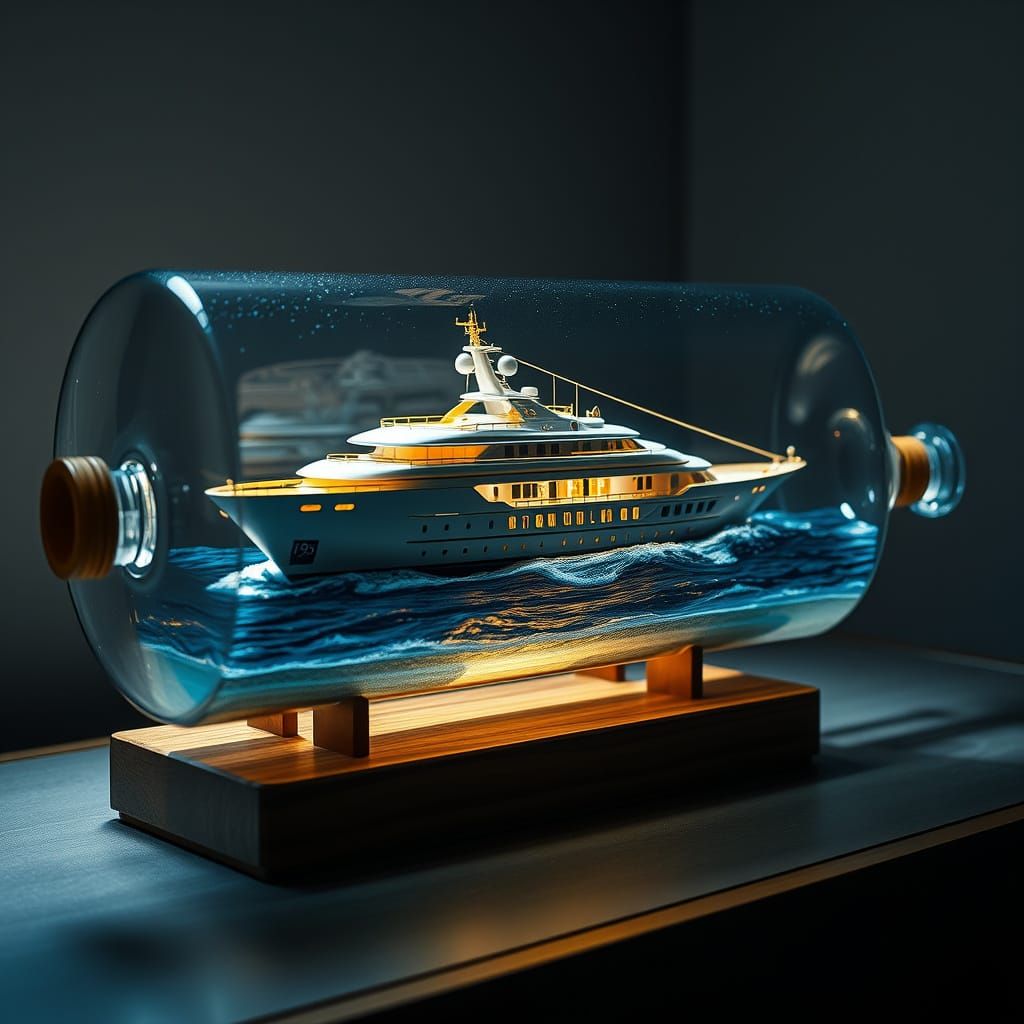 Luxury Yacht in a Bottle: Hyperrealistic Oil Painting