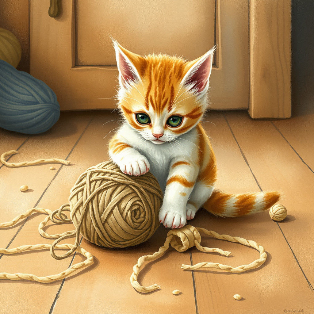 Kitten's Whimsical Yarn Play: Dreamy Watercolor Art