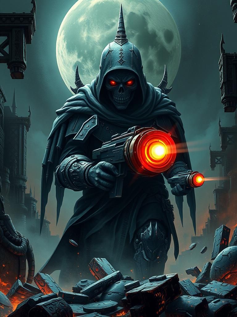 Ominous Sci-Fi Scene with Gothic Raygun