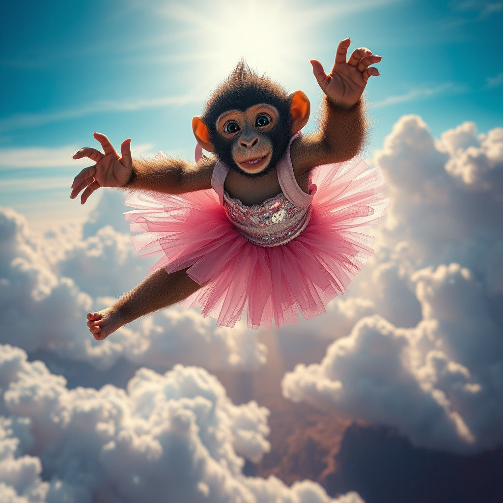 Monkey Skydiving in Pink Tutu: Dreamlike Matte Painting